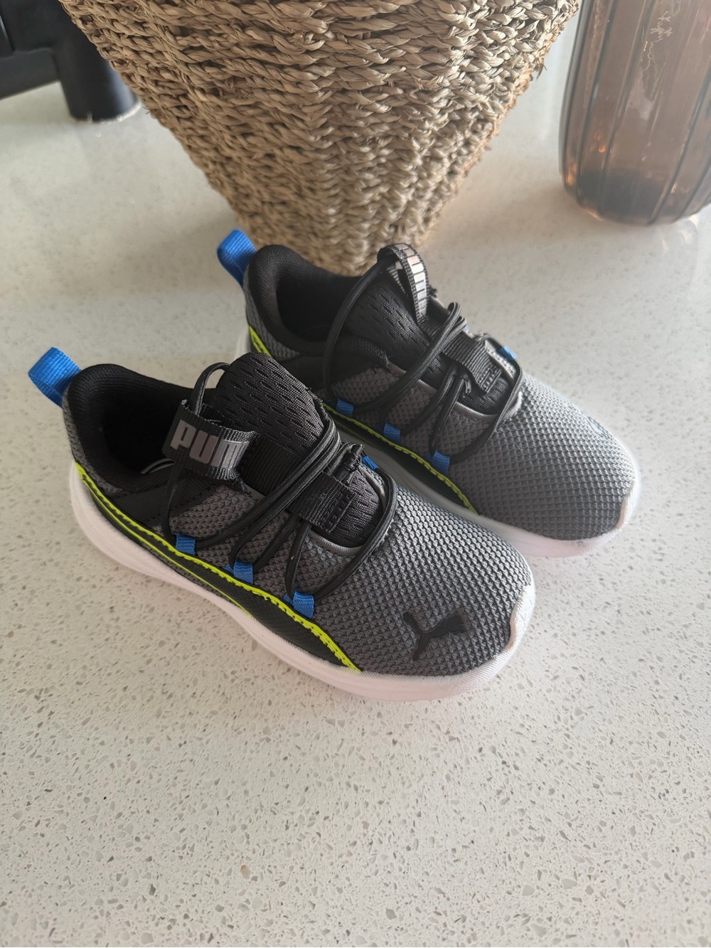 Puma Kids Gray and Black Sneakers with Blue and Neon Yellow Accents
